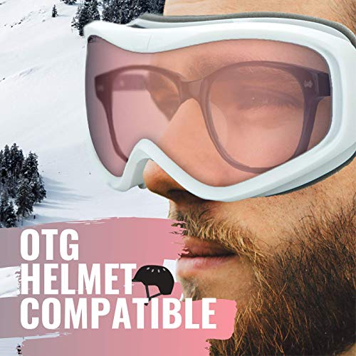 devembr OTG Ski Goggles Clear, Snowboard Goggles Anti-Fog,100% UV Protection, Anti-Slip Strap,Helmet Compatible Snow Goggles for Men & Women,Skiing Snowmobile Skating, White Frame, Pink Lens(VLT 51%)