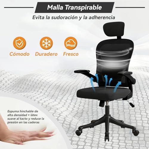 VIDITA Silla de Escritorio Ergonómica Oficina reposabrazos Ajustables Negro | Reposabrazos ajustables Silla de oficina de malla Relleno de espuma blanda en la zona lumbar, con soporte lumbar ajustable