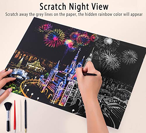 Egosky Scratch Art Paper Rainbow Painting Sketch Pad DIY Night View Scratchboard for Adults and Kids - 4 Packs, 16 X 11.2 Inches - Thumbnail 3