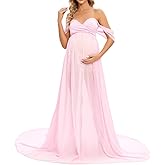 ZIUMUDY Maternity Maxi Chiffon Gown for Photoshoot Photography Off Shoulder Wraped Sheer Chiffon Dress