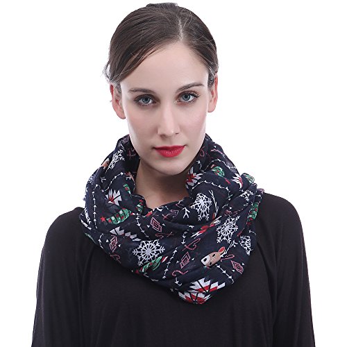 Lina & Lily Christmas Patterns Tree Santa Sleigh Snowman Reindeer Snowflakes Print Infinity Scarf (Pattern A-Navy)