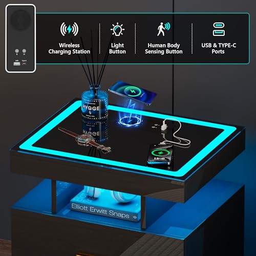 Gurexl Bedside Table with Charging Function, Nightstand with Glass Top and LED Lights, Modern Bedroom Furniture with Two Drawers and Wireless Charging for Bedroom, Living Room, Office, Black