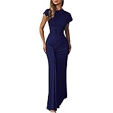 Mojessy Women Bodycon Maxi Dress Sexy Mock Neck Lace Up Bandage Ruched Short Sleeve Long Dress Cocktail Dress