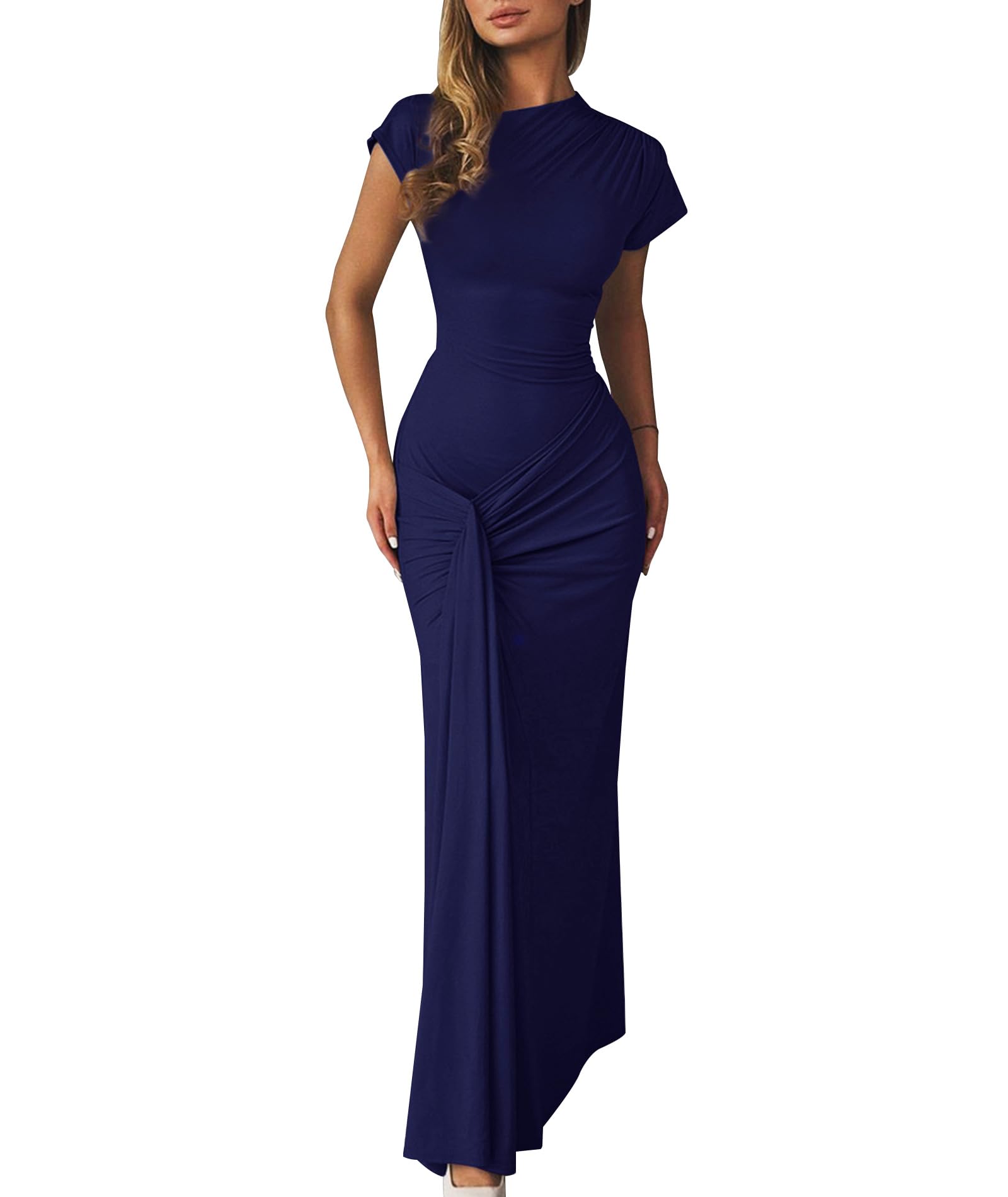 Photo 1 of Mojessy Women Bodycon Maxi Dress Sexy Mock Neck Ruched Short Sleeve Long Dress Cocktail Dresses Navy