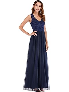 Ever-Pretty Vestidos de Fiesta sin Mangas Encaje Tul Cuello en V Corte Imperio A-línea para Mujer 07509