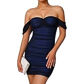 LAGSHIAN Women's Summer Sexy Bodycon Off Shoulder Sleeveless Mesh Ruched Mini Party Dress