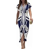 CHICME Dresses for Women Floral Plunge V Neck Ruched Midi Dress | Summer Dresses for Women, High Stretch Fabric, Ruched High Waist, Short Sleeves, Slit, Cocktail Dresses for Women