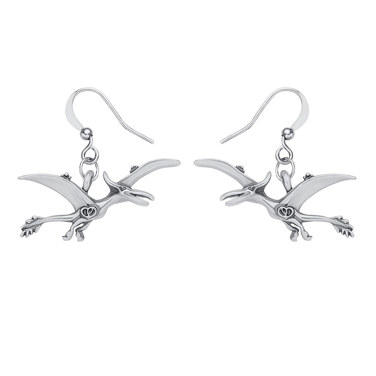 WEVENI Antique Alloy Gold Silver Plated Pterodactyl Earrings Dinosaur Dangle Drop Dragon Jewelry for Women Girls (Silver)
