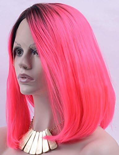 Women's 2 Tones Dark Roots Short Bob Wig Ombre Pink Straight Lace Front Wigs Synthetic For Women Heat Resistant Fiber Hair Half Hand Made 14 inches