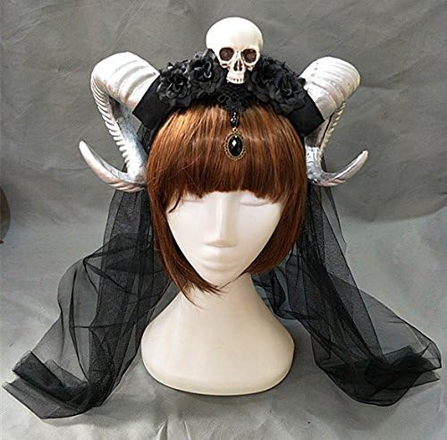 Qhome Handmade Steampunk Skull Flowers Horns Headband Female Floral Antler Halloween Headdress Hair Accessory Goth