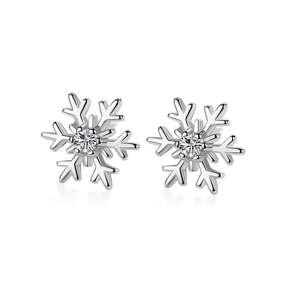 Cubic Zirconia Winter Snowflake Flower Stud Earrings 925 Sterling Silver Dainty Rhinestone Studs Post Fashion Jewellery for Women Girls Xmas Jewelry Gifts