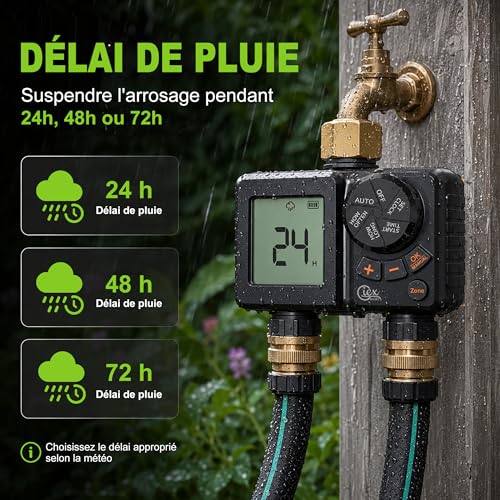 GIEX Programmateur d’arrosage rechargeable 2 zones, minuteur d’eau programmable à 2 sorties avec entrée en laiton, batterie intégrée, retard pluie et arrosage manuel