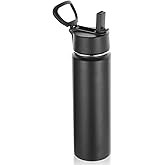 Volhoply 22 oz Insulated Water Bottles with Straw Lid, Stainless Steel Sports Bottle with Handle, Double Walled Metal Travel Water Cups with Wide Mouth, Reusable Water Flask for School(Black,1 Set)
