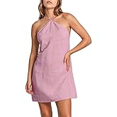Amazhiyu Women’s 100% Linen Cross Neck Mini Dress Sleeveless Above Knee Fit