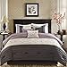 7 Piece Plum Purple Charcoal Grey Floral Embroidery Comforter Queen Set, Purple Adult Bedding Master Bedroom Modern Stylish Pintuck Leaf Swirl Pattern Elegant Classic Themed, Polyester