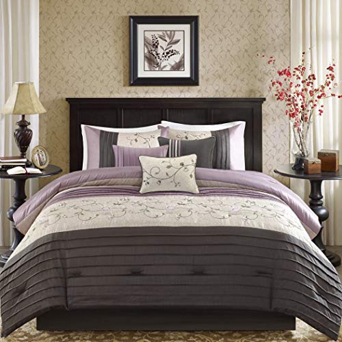 7 Piece Plum Purple Charcoal Grey Floral Embroidery Comforter Queen Set, Purple Adult Bedding Master Bedroom Modern Stylish Pintuck Leaf Swirl Pattern Elegant Classic Themed, Polyester