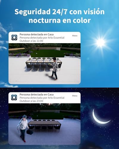 Essential 2 Camara Vigilancia WiFi Exterior HD, Camara Vigilancia WiFi Interior, Sensor de Movimiento, Alarmas Para Casa, Visión Nocturna En Color, Prueba Arlo Secure Incluida, 2 Cámaras, Blancas