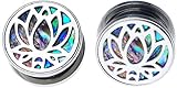 SoScene Stainless Steel Lotus Abalone Back Screw Back Ear Plugs Gauges Sold in Pairs (12MM)