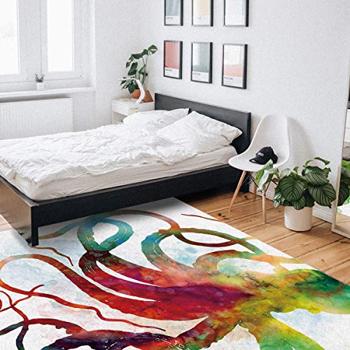 Libaoge Area Rugs 2'x3' Anti-Skid Carpet Runner with Rubber Backing Multi-Color Rug for Bedroom Playroom/Tile Hardwood Floors, Washable Area Rugs- Colorful Abstract Kraken Octopus Mythical Monster