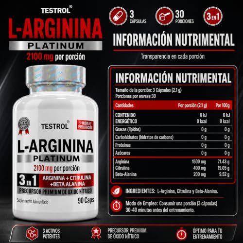 Arginina Platinum 2100mg por porción | L Arginina + L Citrulina + Beta Alanina | Pre Workout | Pre Entreno sin Cafeina | Precursor de Oxido Nítrico | Testrol TSN (90 Cápsulas).