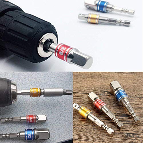 3 Pcs Cr-V1/4"3/8"1/2" Square Drive,Hex Shank Bit Square Nut Driver Set Power Drill Cordless Impact Sockets Bit Set Adapter,Socket Wrench Set Ratchet Extension,Impact Driver Bit Set - Thumbnail 6