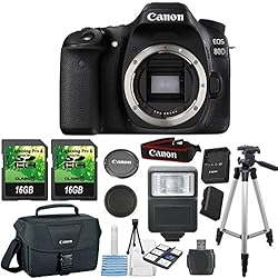 See Canon EOS 80D Digital SLR Camera Body Only (Black) + 2pc 16GB High Speed Memory Cards + Professional Tripod + Memory Card Reader + Electronic Camera Flash + Canon Case + Accessory Bundle (7 Items) Details