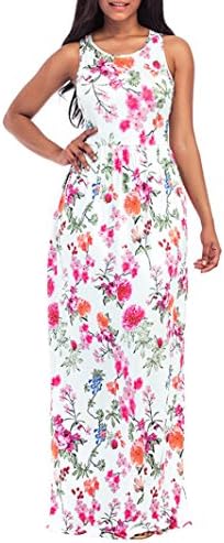 Lamolory Women's Maxi Dress Floral Printed Summer Sleeveless Casual Tunic Long Maxi Dress (White, L)