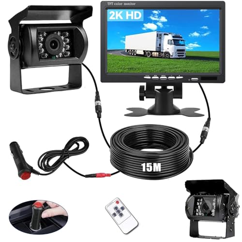 BEYI 1080P HD Backup Camera Kit - 7 Inch LCD Screen and Wired Signal Camera Stable Real Time Waterproof Night Vision for Truck, Camper, Trailer & Utility (12V-24V) with 15m Cable