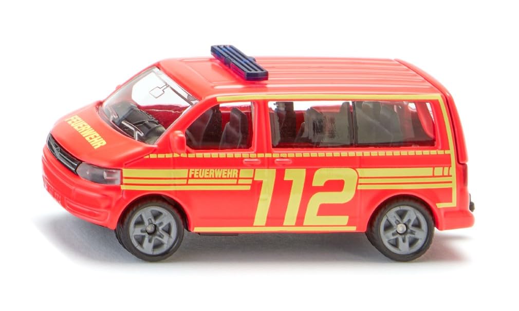 Siku 1547, VW T5 Feuerwehr Einsatzleitung, Metall/Kunststoff, Rot/Gelb, Spielzeugauto für Kinder, Heckklappe zum Öffnen, Anhängerkupplung