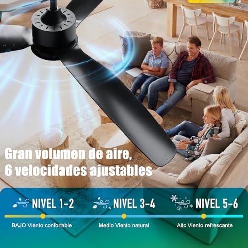 Ventilador de techo moderno de 42" con luz LED, 3 aspas ABS negras, control remoto, 5 velocidades, luz regulable, interiores y exteriores