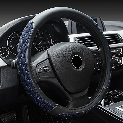 EcoGehen Universal Car Steering Wheel Cover Genuine Leather 38CM/15'' Heavy Duty Elegant Anti-Slip Non-toxic - Black/Blue Line