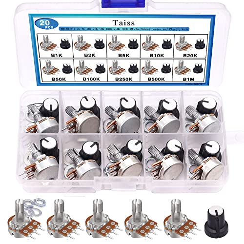 Taiss 20PCS Potentiometer Kit with Knobs B1K 2K 5K 10K 20K 50K 100K