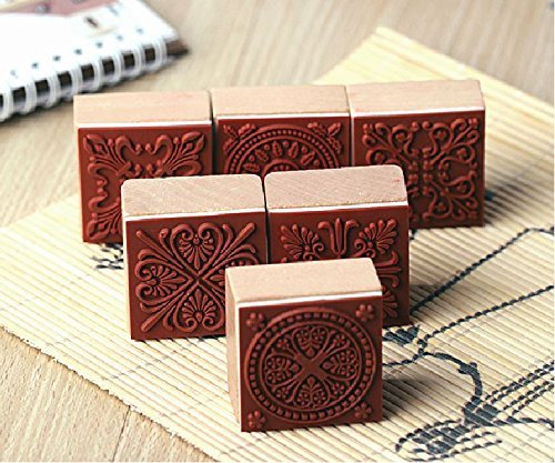 Wooden Square Decoden Stamp - 6 Pcs in 6 different flowers pattern rubber stamp