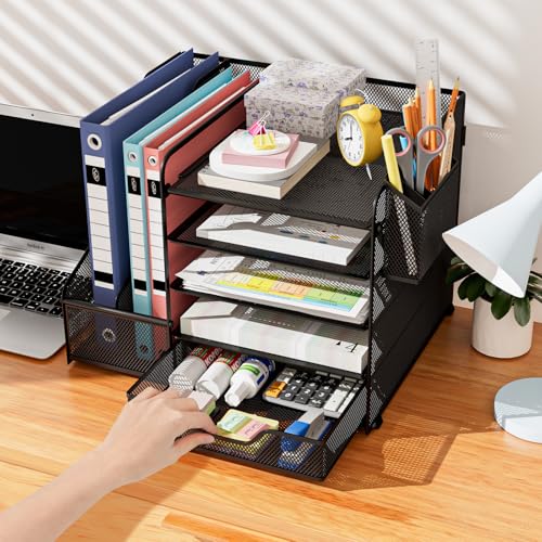 Apritsce Desk Organizer, Desk File Holder, 5 Trays Office Document Holder with Drawer and Pen Holder, Multifunctional Stationery Organizer for Office Stationery Home