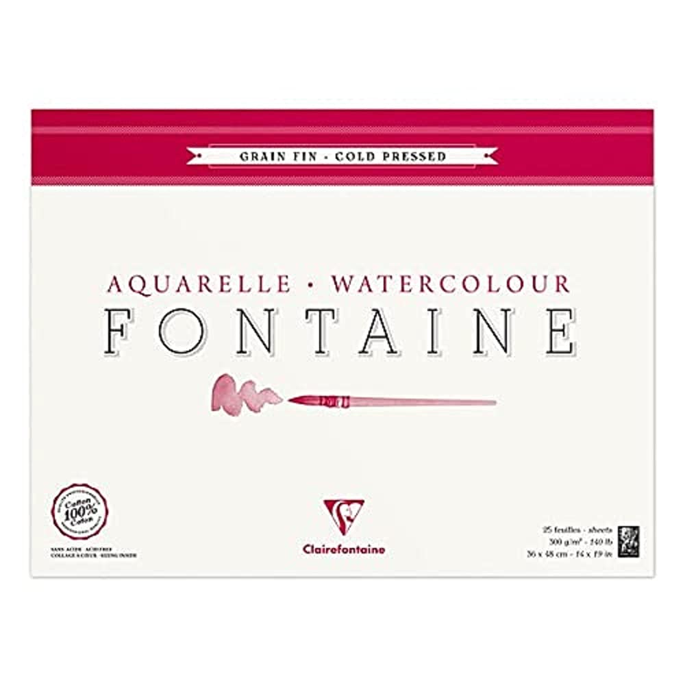 Clairefontaine - Ref 96416C - Fontaine Cold Pressed Watercolour Glued Pad (25 Sheets) - 36 x 48cm Size, 300gsm Paper - Suitable for Watercolour Artwork