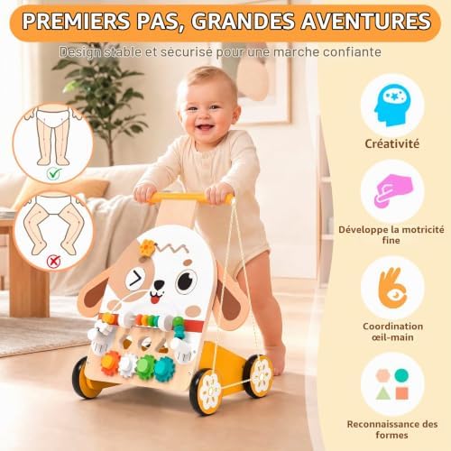 Chariot de Marche Bois Chien Montessori 6-en-1, dès 3+ ans