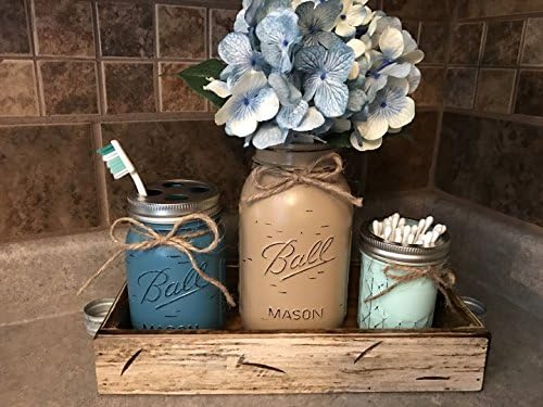 Ball Mason Jar BATHROOM SET in Antique WHITE Tray ~Toothbrush, Quart Jar (flower optional) Q-Tip Holder ~Canning JARS PAINTED Distressed ~Stainless Steel Silver ~Accessories ~Gray Blue Green Cream Tan