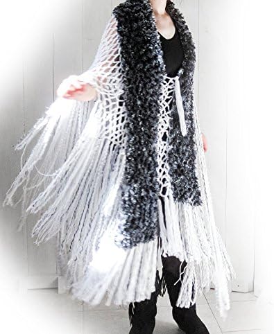 Bohemian Shawl Poncho Open Freeform Crochet Lace Luxe Maxi Fringe (Black Silver Grey White One Size)