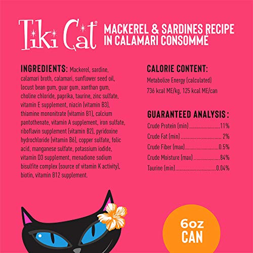 TIKI CAT GRILL, MACKEREL & SARDINES, HIGH-PROTEIN AND 100% NON-GMO INGREDIENTS, WET WHOLE FOODS CAT FOOD FOR ALL LIFE STAGES, 6 OZ. CANS (PACK OF 8)