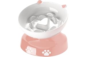 Y YHY Ceramic Slow Feeder Cat Bowl, Elevated Cat Bowl Tilted Design Slow Feeder for Dog and Cat for Dry and Wet Food, Pink