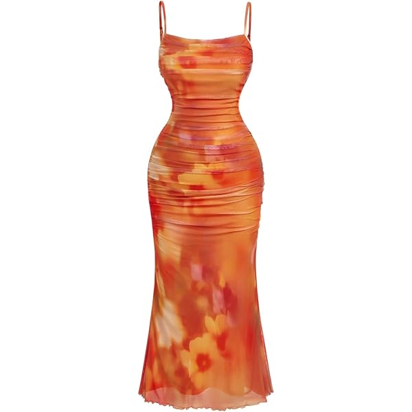 BEAUDRM Women's Plus Size Floral Bodycon Dress - Spaghetti Strap Mesh Party Long Dress - View #8