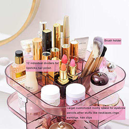 Upgraded Makeup Organizer 360º Smooth Spinning Clear Pink Sturdy Acrylic (NOT PLASTIC) Cosmetic Storage Display Case for Brushes Lipstick Gift for Lovers Wife-Returnless Replace Warranty - Thumbnail 4