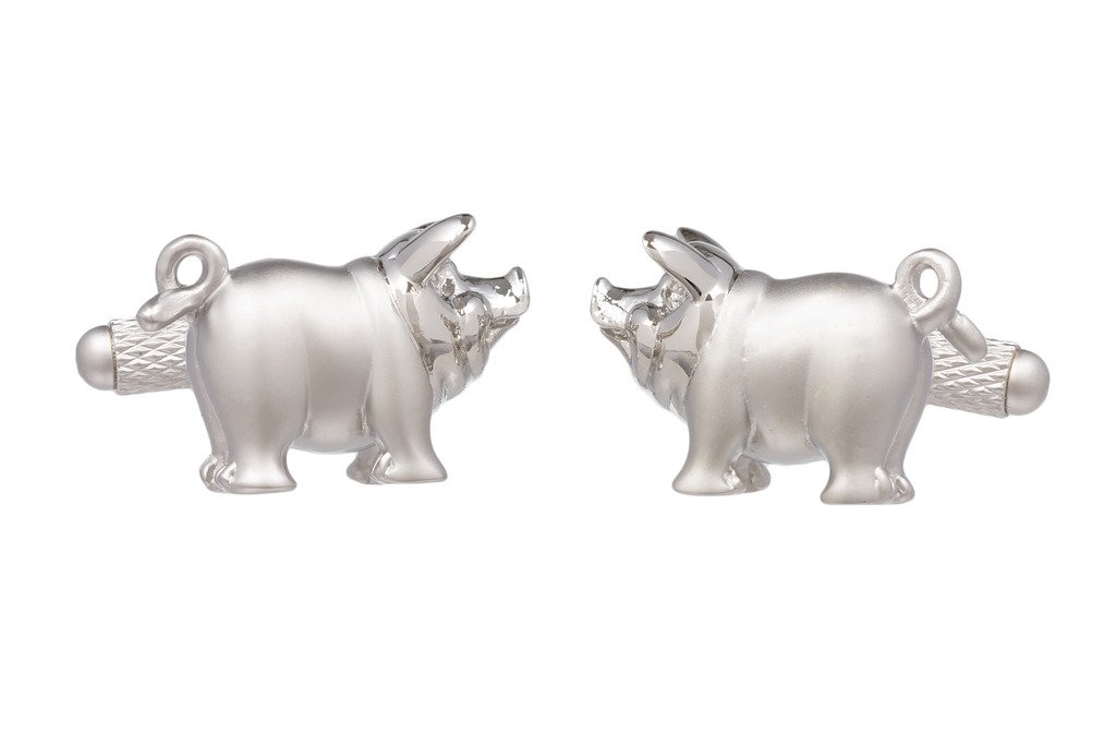 Cute Farmyard Porky Pig With Curly Tail Cufflinks in Onyx Art Cufflink Box, One size, Silver