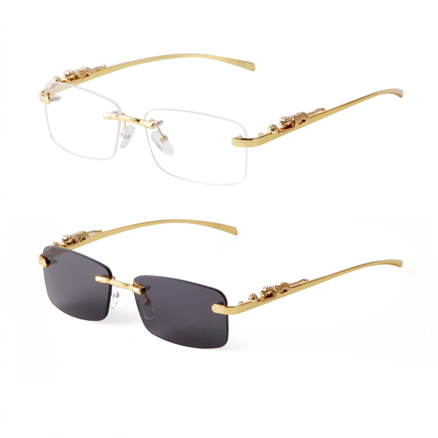 Photo 1 of ADE WU Vintage Rimless Sunglasses Retro Rectangle Gold Metal Frameless Tint Lens 2000s Trendy Glasses Women Men (2 Pack: Clear & Black)
