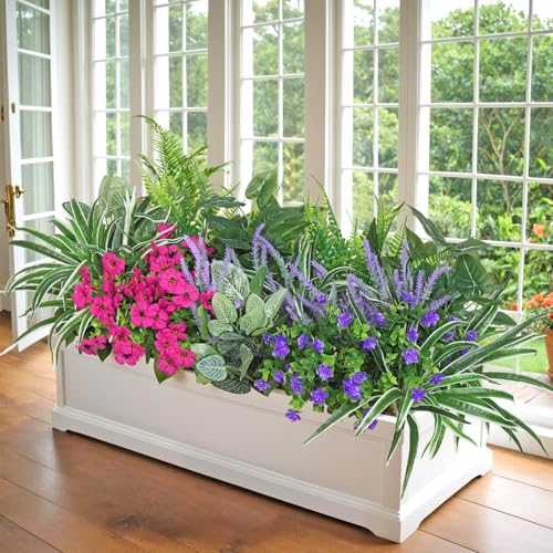 UXORSN 20PCS Artificial Plants Outdoor Fake Flowers UV Resistant Artificial Flowers Greenery Stems Boston Fern Lavender Faux Shrubs Plastic Plant for Garden Porch Planter Window Box Decor