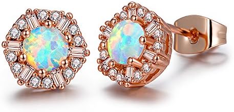 Gold Plated Cubic Zirconia and Opal Stud Earrings, Hexagon-Shape Halo Earring