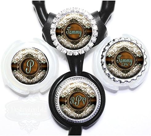 Personalized Jade and Chocolate Damask Standard or Yoke Stethoscope Id Tag