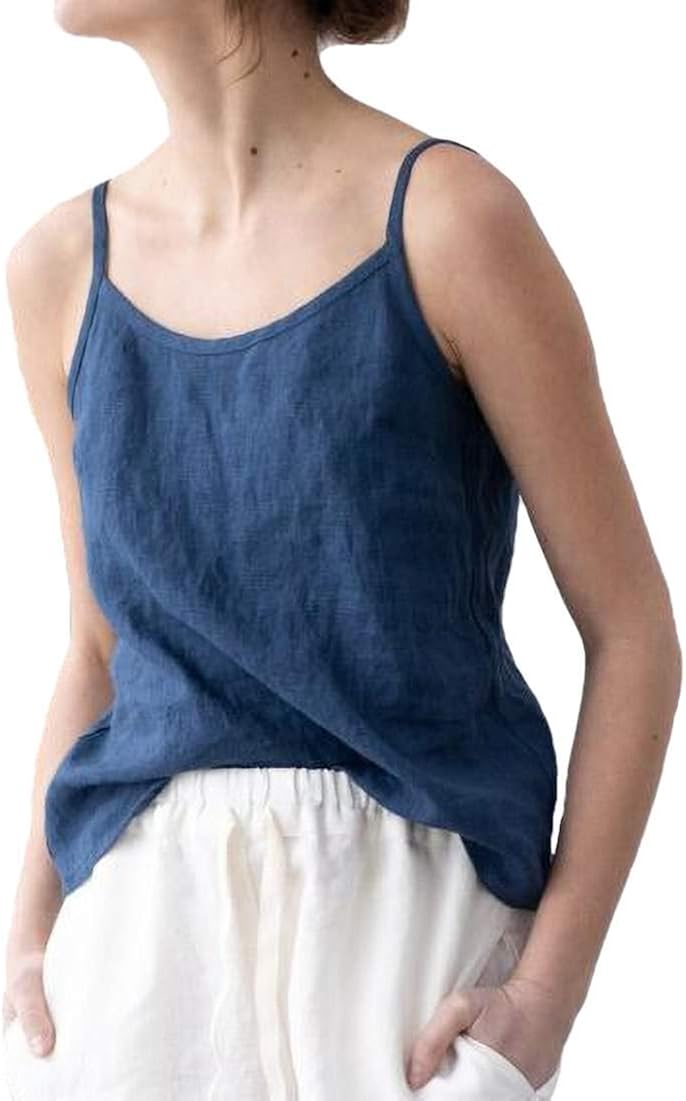 Zantt Women Casual Spaghetti Strap Loose Cotton Linen TShirt Blouse
