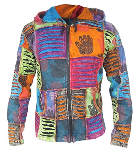 Little Kathamandu Men's Hand Print Ribs Razorcut Slashed Pixie Pointed Hood Jacket Winter X-Large