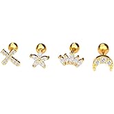 Flower Cross Moon 16g Ear Cartilage Helix Surgical Stainless Steel Cubic Zirconia Studs Cartilage Earrings Huggie Screw Backs Ear Tragus Auricle Nose Lip Piercing Jewelry Set Gifts for Best Friend